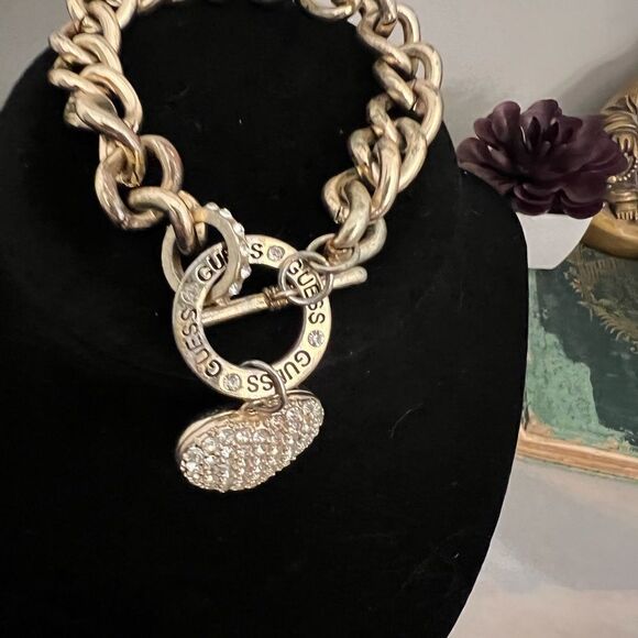 Vintage chunky Guess Heart chain toggle crystal bracelet - Picture 3 of 8